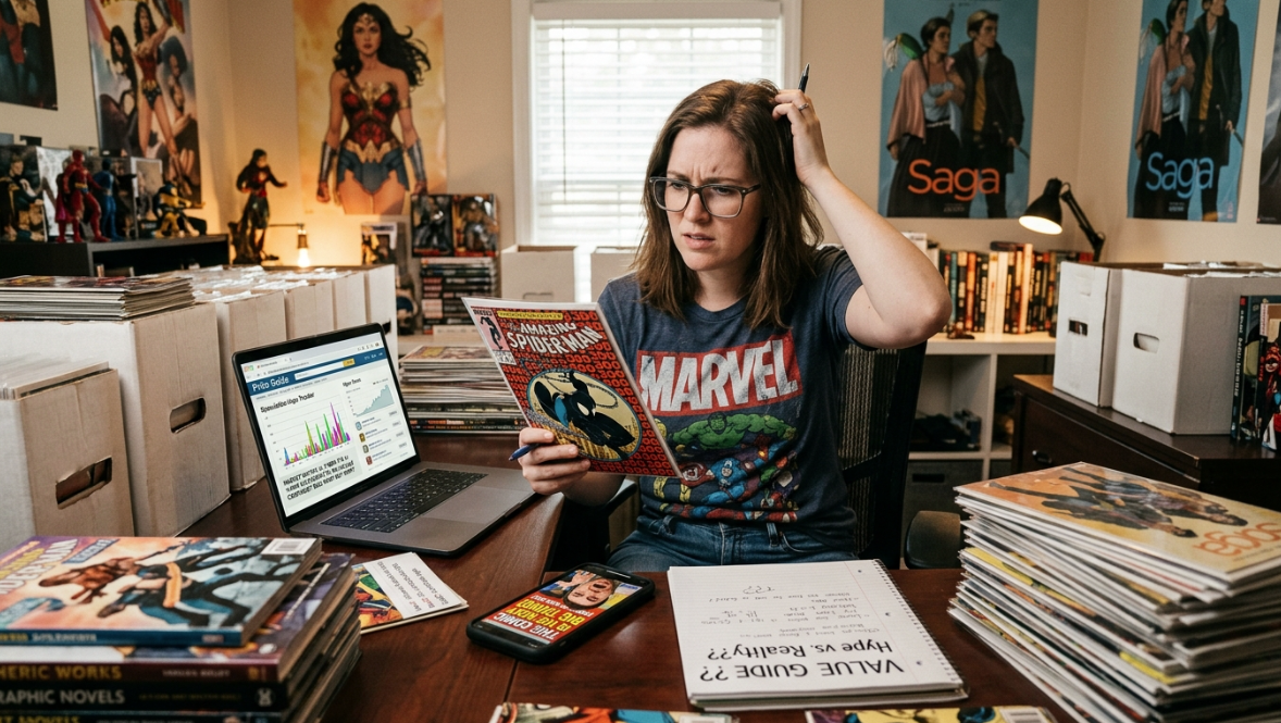 Confused comic collector sitting at a desk surrounded by long boxes and stacked comics, holding a Marvel issue while scratching her head, with a laptop showing a price chart and a handwritten note reading "What's my comic worth?" next to her.
